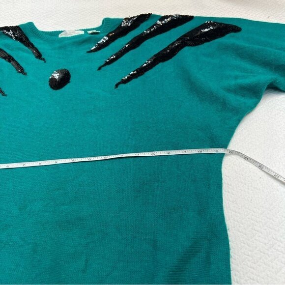 vintage 80's Green Crew Neck Sweater Black Sequin Detailing Size M - Picture 9 of 11